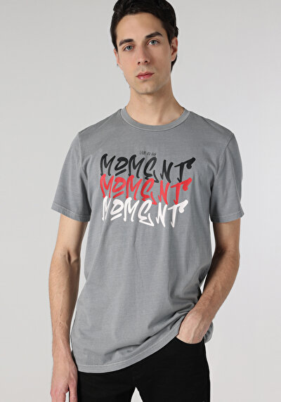 صورة من قصة عادية رقبة مستديرة مستقيم رجالي رمادي كم قصير تي شيرت