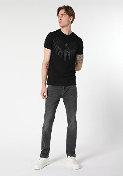 اعرض التفاصيل لـ ضيق  رقبة مستديرة مطبوعة رجالي أسود قصيرة الأكمام تي شيرت