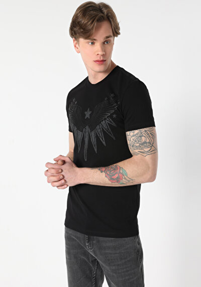 اعرض التفاصيل لـ ضيق  رقبة مستديرة مطبوعة رجالي أسود قصيرة الأكمام تي شيرت