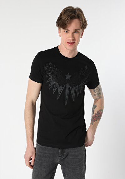 اعرض التفاصيل لـ ضيق  رقبة مستديرة مطبوعة رجالي أسود قصيرة الأكمام تي شيرت