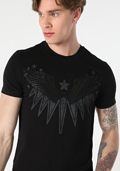 اعرض التفاصيل لـ ضيق  رقبة مستديرة مطبوعة رجالي أسود قصيرة الأكمام تي شيرت