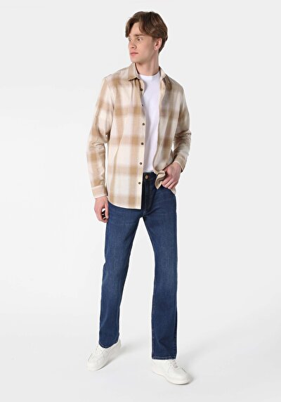 صورة من قميص عادي مقاس رقبة منقوشة رجالي بيج كم طويل قميص