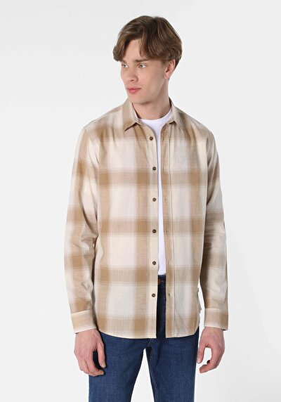 اعرض التفاصيل لـ قميص عادي مقاس رقبة منقوشة رجالي بيج كم طويل قميص