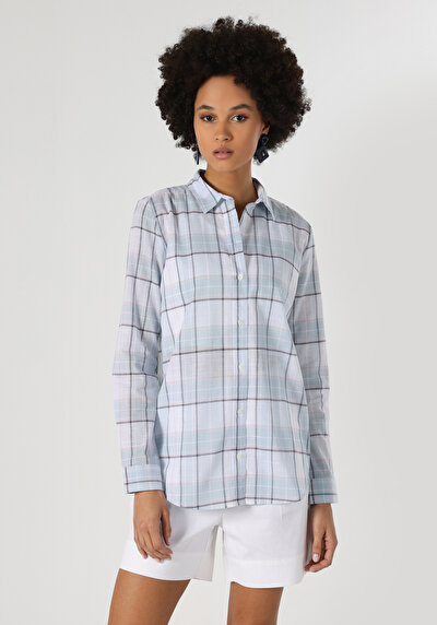 اعرض التفاصيل لـ أزرق للنساء قميص  كم طويل