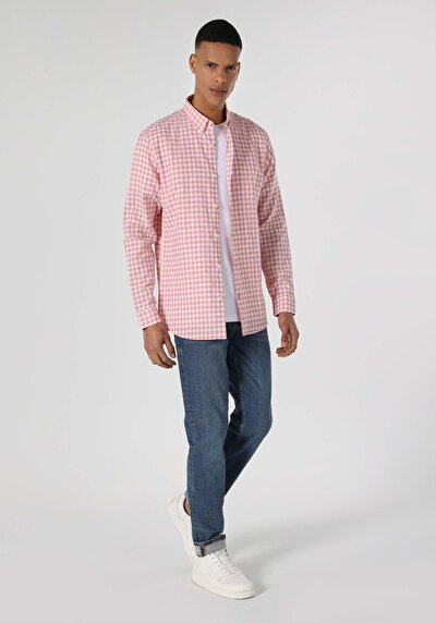 اعرض التفاصيل لـ قميص عادي رقبة متقلب رجالي أحمر كم طويل قميص