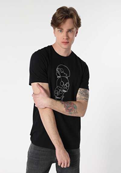 صورة من عادي مقاس رقبة مستديرة مستقيم رجالي أسود كم قصير تي شيرت