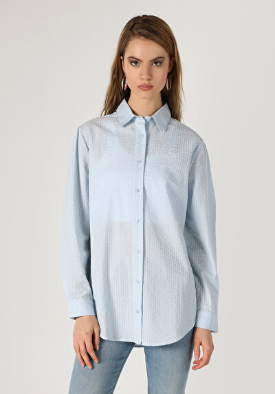 اعرض التفاصيل لـ أزرق للنساء قميص  كم طويل