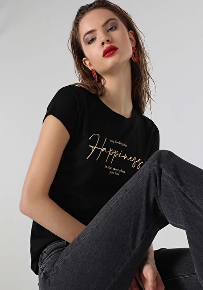 صورة من   رقبة مستديرة مطبوعة نسائية أسود كم قصير تي شيرت