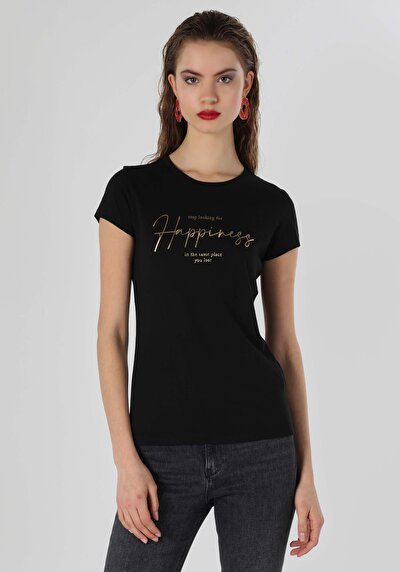 صورة من رقبة مستديرة مطبوعة نسائية أسود كم قصير تي شيرت