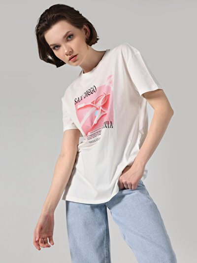 صورة من تناسب عادي طاقم الرقبة المطبوعة الأبيض نسائي قصيرة الأكمام تي شيرت Cl1063265