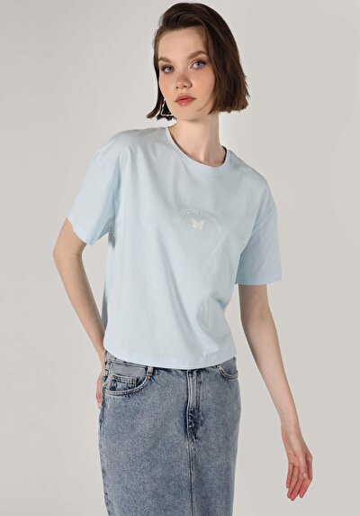 اعرض التفاصيل لـ   رقبة مستديرة مطبوعة نسائية أزرق كم قصير تي شيرت