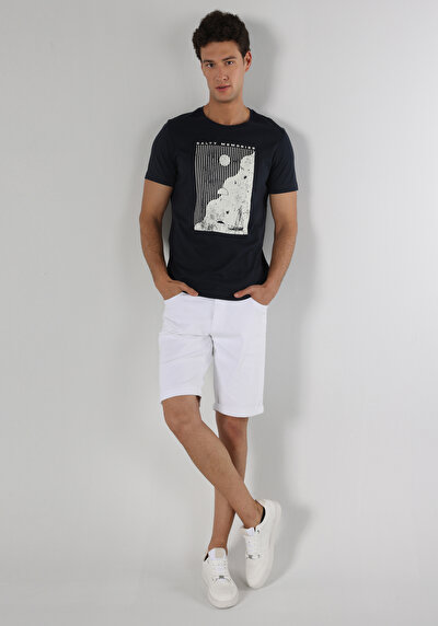 صورة من رقبة مستديرة مستقيم رجالي أزرق كحلي كم قصير تي شيرت