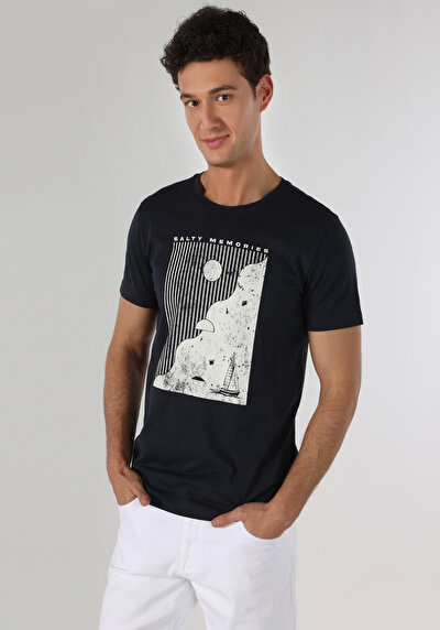 اعرض التفاصيل لـ   رقبة مستديرة مستقيم رجالي أزرق كحلي كم قصير تي شيرت