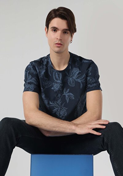 اعرض التفاصيل لـ   رقبة مستديرة مطبوعة رجالي أزرق كحلي كم قصير تي شيرت