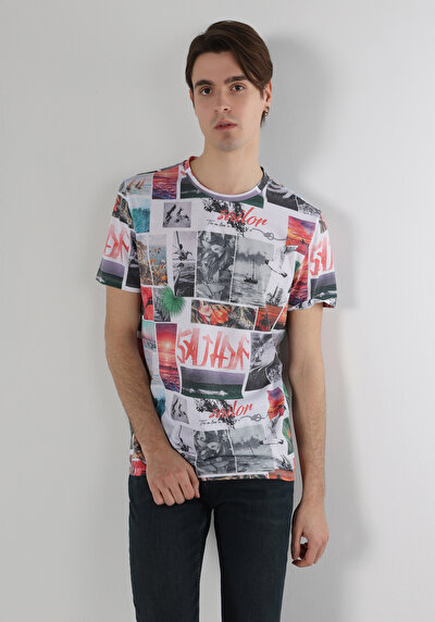 صورة من رقبة مستديرة مطبوعة رجالي متعدد الألوان كم قصير تي شيرت