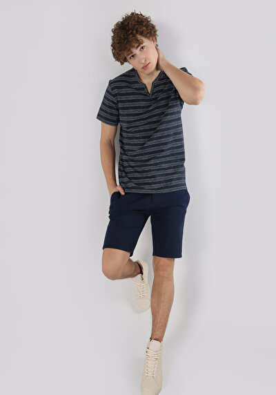 صورة من رقبة مستديرة مخطط رجالي أزرق كحلي كم قصير تي شيرت