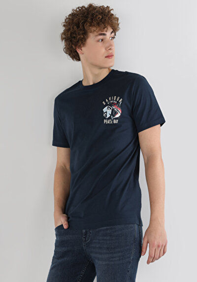 صورة من   رقبة مستديرة مستقيم رجالي أزرق كحلي كم قصير تي شيرت