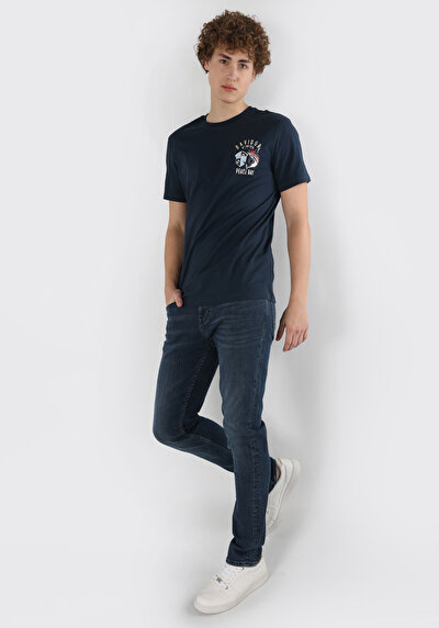 اعرض التفاصيل لـ   رقبة مستديرة مستقيم رجالي أزرق كحلي كم قصير تي شيرت