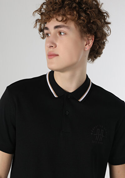 اعرض التفاصيل لـ أسود للرجال قميص بولو  كم قصير