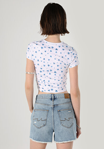 اعرض التفاصيل لـ ضيق  رقبة مستديرة مطبوعة نسائية أبيض كم قصير تي شيرت