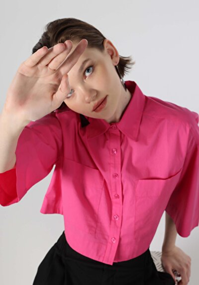 صورة من قميص مريح رقبة مستقيم نسائي وردي 3/4 كم قميص