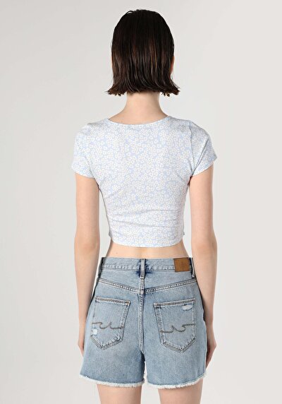 اعرض التفاصيل لـ نحيف  ياقة مربعة مطبوعة نسائية أزرق قصيرة الأكمام تي شيرت