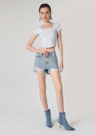 اعرض التفاصيل لـ نحيف  ياقة مربعة مطبوعة نسائية أزرق قصيرة الأكمام تي شيرت