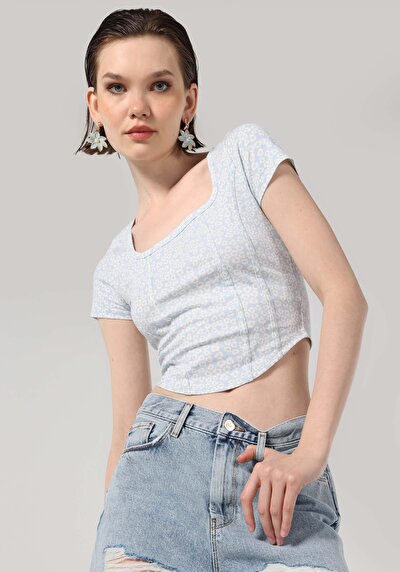 اعرض التفاصيل لـ نحيف  ياقة مربعة مطبوعة نسائية أزرق قصيرة الأكمام تي شيرت