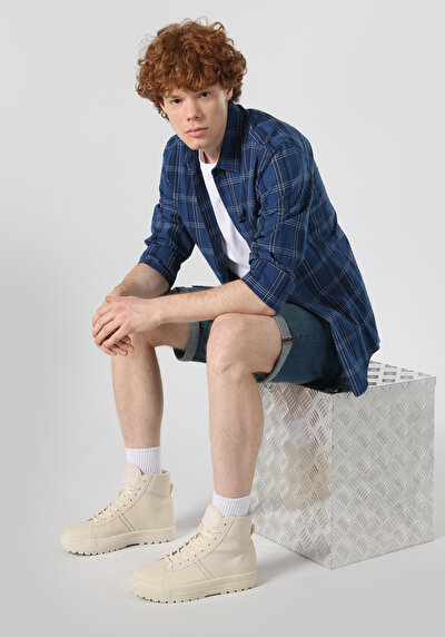 صورة من قميص نحيف رقبة منقوشة رجالي أزرق كم طويل قميص