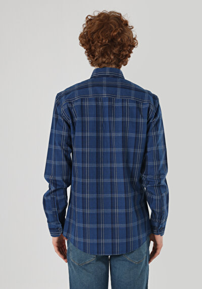 صورة من قميص نحيف رقبة منقوشة رجالي أزرق كم طويل قميص