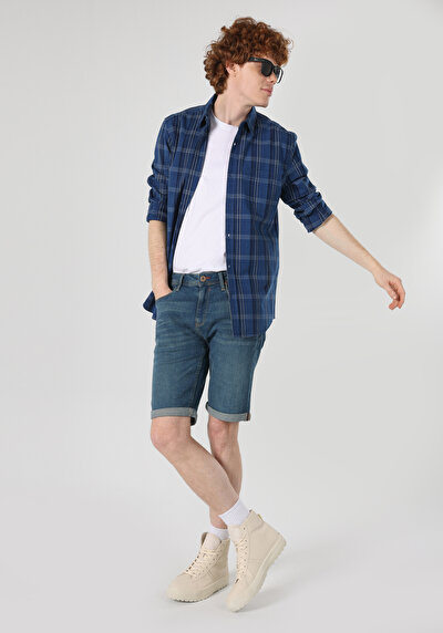 صورة من قميص نحيف رقبة منقوشة رجالي أزرق كم طويل قميص