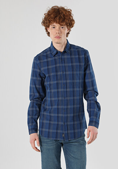 اعرض التفاصيل لـ قميص نحيف رقبة منقوشة رجالي أزرق كم طويل قميص