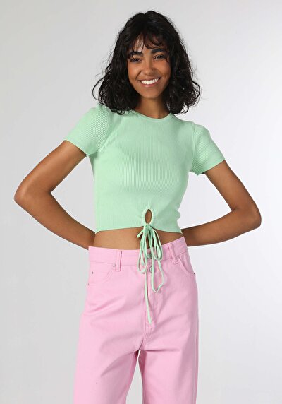 اعرض التفاصيل لـ ضيق ياقة مستديرة مستقيم نسائي أخضر كم قصير تي شيرت