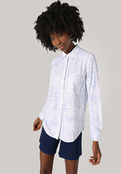 صورة من أزرق للنساء قميص  كم طويل