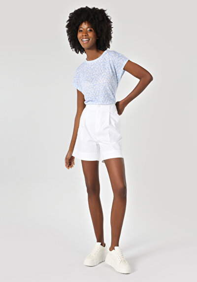 صورة من عادي رقبة مستديرة نسائي أزرق كم قصير تي شيرت