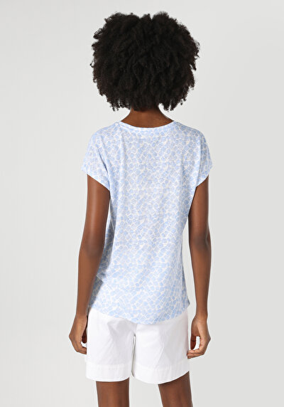 صورة من عادي رقبة مستديرة نسائي أزرق كم قصير تي شيرت