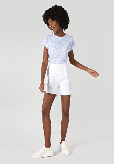 صورة من عادي رقبة مستديرة نسائي أزرق كم قصير تي شيرت