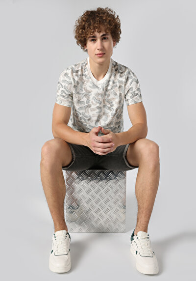 صورة من   رقبة مستديرة مطبوعة للرجال أبيض بأكمام قصيرة تي شيرت