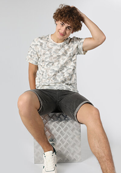 اعرض التفاصيل لـ   رقبة مستديرة مطبوعة للرجال أبيض بأكمام قصيرة تي شيرت