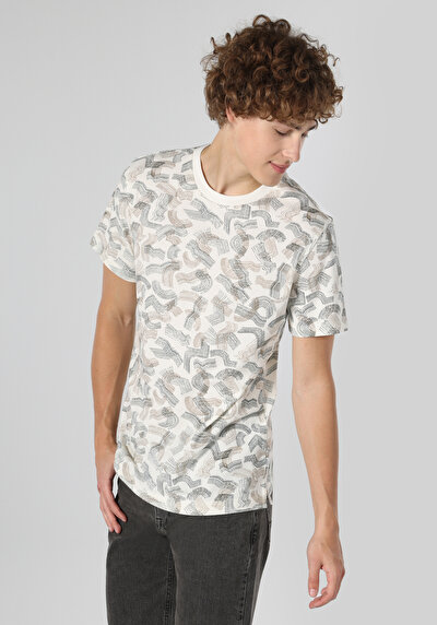 اعرض التفاصيل لـ   رقبة مستديرة مطبوعة للرجال أبيض بأكمام قصيرة تي شيرت