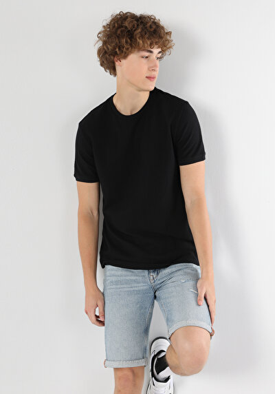 اعرض التفاصيل لـ عادي مقاس رقبة مستديرة مستقيم رجالي أسود كم قصير تي شيرت