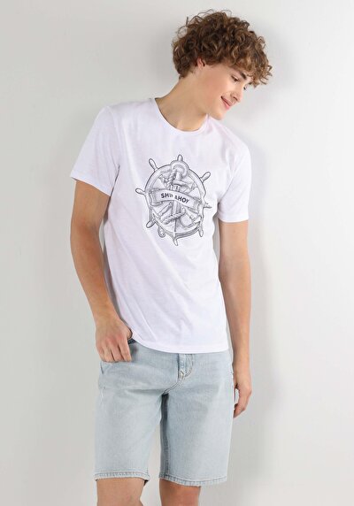 صورة من   رقبة مستديرة مطبوعة للرجال أبيض بأكمام قصيرة تي شيرت