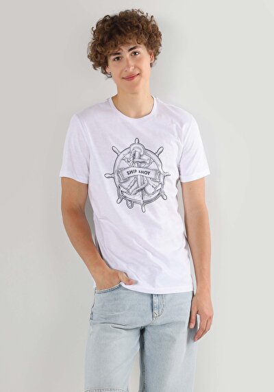 اعرض التفاصيل لـ   رقبة مستديرة مطبوعة للرجال أبيض بأكمام قصيرة تي شيرت