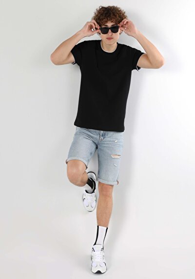 صورة من عادي مقاس رقبة مستديرة مستقيم رجالي أسود كم قصير تي شيرت
