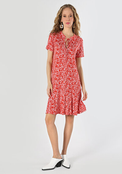 اعرض التفاصيل لـ فستان مريح بأكمام قصيرة مطبوع نسائي أحمر