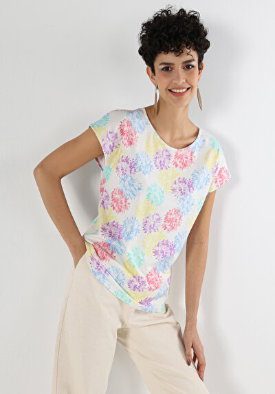 صورة من   طوق دائري مطبوع نسائي متعدد الألوان كم قصير تي شيرت