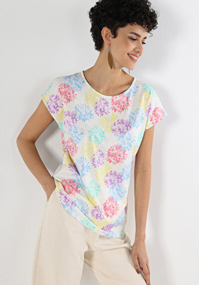 صورة من طوق دائري مطبوع نسائي متعدد الألوان كم قصير تي شيرت