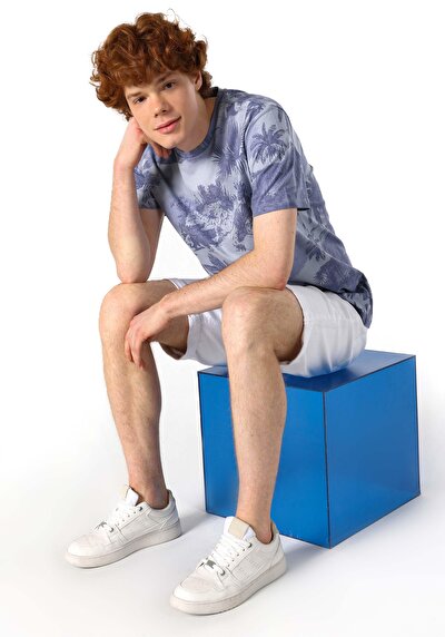 صورة من   رقبة مستديرة مطبوعة رجالي أزرق كم قصير تي شيرت