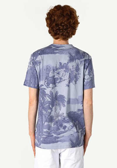 صورة من رقبة مستديرة مطبوعة رجالي أزرق كم قصير تي شيرت