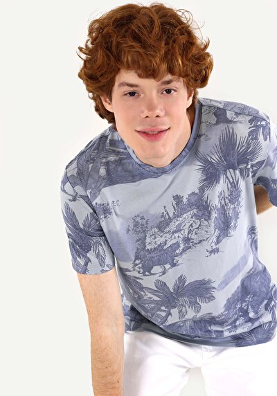 اعرض التفاصيل لـ   رقبة مستديرة مطبوعة رجالي أزرق كم قصير تي شيرت